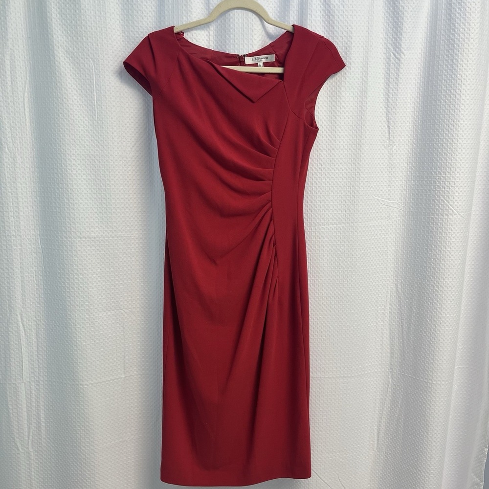 LK Bennet‎ Cherry Red Ruched Sheath Dress Size 4 Classic Elegance Professional